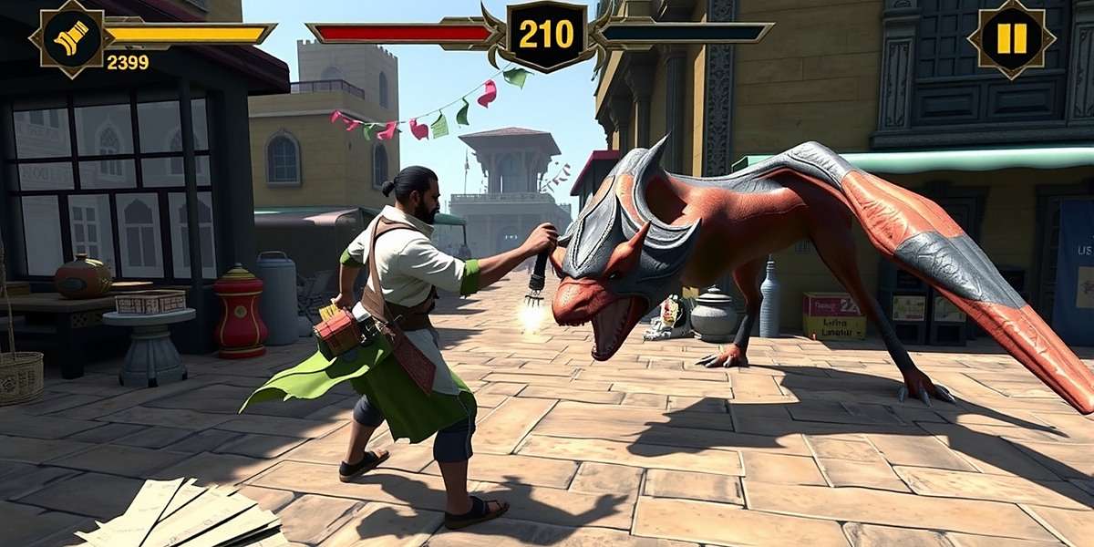 Calangute Crusaders Gameplay Screenshot Calangute Crusaders gameplay screenshot showing a player character in traditional kurta fighting a mythical creature in a market setting