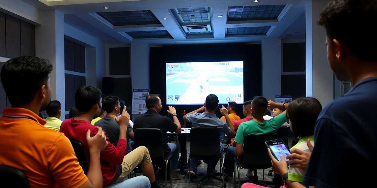 Calangute Crusaders Community Tournament Calangute Crusaders players gathered at a local tournament in Chennai, cheering and watching the gameplay on a big screen